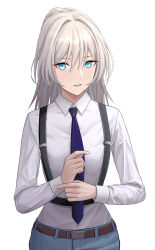 Rule 34 | 1girl, absurdres, alternate costume, an-94 (girls&#039; frontline), aqua eyes, aqua pants, belt, blonde hair, blue necktie, blue pants, breasts, constantine-xii, defy (girls&#039; frontline), girls&#039; frontline, hair between eyes, highres, holding necktie, long hair, looking at viewer, necktie, open mouth, pants, shirt, small breasts, solo, standing, suspenders, teeth, white background, white shirt