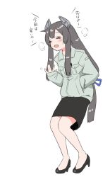 Rule 34 | 1girl, alternate costume, black footwear, black hair, black skirt, commentary request, dress shirt, hair ribbon, hand in pocket, headgear, high heels, i-47 (kancolle), kantai collection, long hair, looking at viewer, low-tied long hair, pencil skirt, pumps, ribbon, shirt, sidelocks, simple background, skirt, solo, standing, tamu (mad works), translation request, tress ribbon, waving, white background