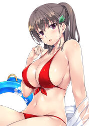 Rule 34 | 1girl, bikini, blush, breasts, brown hair, cleavage, covered erect nipples, crossed bangs, eyebrows hidden by hair, feet out of frame, female focus, groin, hair between eyes, high ponytail, highres, innertube, large breasts, legs, looking at viewer, mizuhara yuu, navel, original, parted lips, pink eyes, red bikini, simple background, sitting, solo, swim ring, swimsuit, thighs, wet, wet clothes, white background