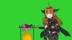 Rule 34 | 1girl, ahoge, alternate costume, animated, animated gif, armor, blonde hair, blunt bangs, cannibalism, closed mouth, cooking, dragon girl, dragon tail, fire, green background, hololive, horns, kiryu coco, long hair, monster hunter (series), multicolored hair, orange hair, pointy ears, ribbon, saijou (box of randomness), severed tail, simple background, sitting, skewer, solid circle eyes, solo, tail, tree, two-tone hair, v-shaped eyebrows, virtual youtuber
