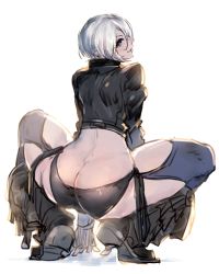 Rule 34 | 1girl, angel (kof), ass, blue eyes, boots, butt crack, chaps, from behind, full body, jacket, leather, leather jacket, looking back, oro (sumakaita), short hair, smile, solo, squatting, the king of fighters, white hair