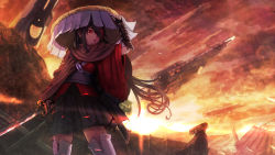 Rule 34 | 1girl, arm guards, black hair, boots, facing viewer, fingerless gloves, gloves, japanese clothes, katana, kimono, legs apart, long hair, low-tied long hair, namako (namacotan), original, pointy ears, red eyes, skirt, solo focus, spacecraft, standing, sword, thigh boots, thighhighs, weapon, wide sleeves, wind