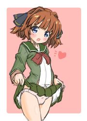Rule 34 | 1girl, black ribbon, blue eyes, brown hair, clothes lift, commentary request, cowboy shot, ehime (ehime mikan), green jacket, green sailor collar, green skirt, hachijou (kancolle), hair ribbon, jacket, kantai collection, lifted by self, long sleeves, neck ribbon, panties, pink background, pleated skirt, red ribbon, ribbon, sailor collar, school uniform, serafuku, short hair, skirt, skirt lift, solo, two-tone background, underwear, white background, white panties