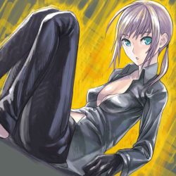 Rule 34 | 1girl, ahoge, artoria pendragon (fate), blonde hair, breasts, cleavage, fate/zero, fate (series), formal, gloves, green eyes, open clothes, open shirt, parted lips, ponytail, saber (fate), shirt, sidelocks, sitting, solo, suit, utu (ldnsft)