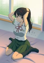 Rule 34 | 1girl, black hair, black socks, breasts, brown eyes, brown hair, closed mouth, commentary, dated, full body, green skirt, hair ornament, highres, iwato suzume, kir1412, long hair, looking at viewer, loose neck ribbon, medium breasts, neck ribbon, no shoes, on bed, pleated skirt, ponytail, red ribbon, red wristband, ribbon, school uniform, shirt, sitting, skirt, socks, suzume no tojimari, swept bangs, tying hair, wariza, white shirt, yellow wristband