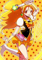 Rule 34 | 10s, 1girl, :d, blonde hair, boots, bow, bowtie, brooch, brown eyes, cure honey, earrings, gymnastics ribbon, happinesscharge precure!, heart, heart brooch, jewelry, knee boots, long hair, magical girl, oomori yuuko, open mouth, orange background, orange theme, polka dot, polka dot background, precure, shirono, skirt, smile, solo, standing, standing on one leg, wand, wide ponytail, wrist cuffs, yellow skirt