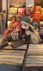 Rule 34 | 2girls, absurdres, animal ear fluff, animal ears, arknights, black nails, book, bookstore, commentary, english commentary, frostleaf (arknights), highres, holding, holding book, horns, jacket, knit hat, multiple girls, necktie, open clothes, open jacket, pointy ears, red eyes, red hair, shop, togekk0, vigna (arknights), yuri