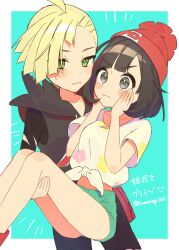 Rule 34 | 1boy, 1girl, ahoge, bare legs, beanie, black pants, black shirt, blonde hair, blush, border, carrying, closed mouth, commentary request, creatures (company), game freak, gladion (pokemon), green background, green eyes, green shorts, grey eyes, hands up, hat, highres, hood, hood down, hooded vest, hoodie, nintendo, pants, pokemon, pokemon sm, red hat, selene (pokemon), shirt, short hair, short sleeves, shorts, sumeragi1101, sweatdrop, tied shirt, torn clothes, torn shirt, vest, white border, yellow shirt