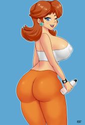 Rule 34 | 1girl, ass, blue eyes, bottle, breasts, brown hair, cleavage, covered erect nipples, highres, huge ass, huge breasts, kero2099, looking at viewer, mario (series), midriff, nintendo, one eye closed, open mouth, pants, princess, princess daisy, seductive smile, short hair, sideboob, smile, solo, super mario land, thick thighs, thighs, water bottle, yoga pants