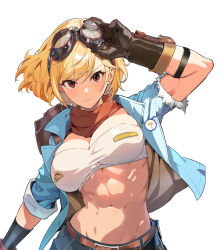 Rule 34 | 1girl, abs, black gloves, blonde hair, blue jacket, breasts, closed mouth, gloves, goggles, goggles on head, highres, hololive, hololive indonesia, jacket, kaela kovalskia, large breasts, looking at viewer, midriff, navel, popo (popo0cat), red eyes, short hair, short sleeves, simple background, solo, strapless, tube top, virtual youtuber, white background, white tube top