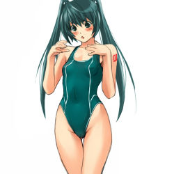 Rule 34 | 1girl, bad id, bad pixiv id, blacksain, competition swimsuit, derivative work, green eyes, green hair, hatsune miku, highleg, highleg swimsuit, long hair, matching hair/eyes, one-piece swimsuit, solo, swimsuit, tattoo, third-party edit, twintails, vocaloid