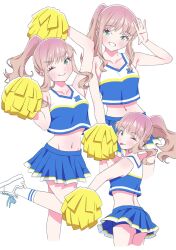 Rule 34 | 1girl, ass, blush, breasts, brown hair, cheerleader, crop top, green eyes, gridman universe, gridman universe (film), highres, holding, long hair, looking at viewer, medium breasts, minami yume, miniskirt, official alternate costume, one eye closed, pom pom (cheerleading), sho (shoshos 8888), simple background, skirt, sleeveless, smile, solo, white background