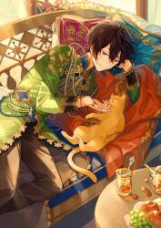 Rule 34 | 1boy, black hair, black pants, bracelet, cat, closed mouth, clothing request, commentary, cup, drinking glass, ensemble stars!, fingernails, flower, food, fruit, glass teapot, grapes, high collar, jewelry, long sleeves, lying, male focus, on chair, on side, pants, pillow, red eyes, ring, sakuma ritsu, seuga, short hair, solo, spoon, teapot