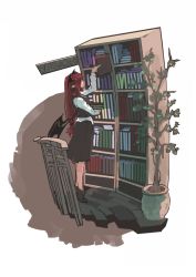 Rule 34 | 1girl, arm up, back cutout, bat wings, book, book stack, bookshelf, brick floor, clothing cutout, dress shirt, eyes visible through hair, full body, futatsuki eru, head wings, holding, holding book, koakuma, long hair, low-tied long hair, low wings, necktie, plant, pointy ears, potted plant, red eyes, red hair, red necktie, shirt, shoes, sign, simple background, skirt, skirt set, solo, tiptoes, touhou, tree, very long hair, vest, white background, white shirt, wings