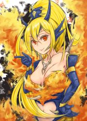 Rule 34 | 1girl, absurdres, bare shoulders, blonde hair, breasts, centauroid, cleavage, duel monster, fire, hair ornament, headpiece, highres, inshou, long hair, looking at viewer, navel, ponytail, queen dragun djinn, red eyes, smile, solo, spikes, taur, upper body, yinzhang, yu-gi-oh!