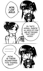 Rule 34 | 2girls, 3koma, black hair, closed eyes, clothes writing, collar, comic, coming out, ear piercing, emo-girl (grs-), emo-mom (grs-), english text, goth fashion, greyscale, grs-, highres, jewelry, jitome, long hair, medium hair, monochrome, mother and daughter, multiple girls, no mouth, o o, original, piercing, skull print, waving