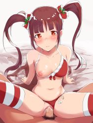 Rule 34 | arm support, bad id, bad pixiv id, bed, bikini, bikini bottom aside, blush, breasts, brown hair, censored, christmas, christmas stocking, clothing aside, cum, cum in pussy, frown, hair ornament, highres, holly hair ornament, idolmaster, idolmaster million live!, long twintails, matsuda arisa, medium breasts, mosaic censoring, mugai, nipples, one breast out, penis, sex, side-tie bikini bottom, striped clothes, striped legwear, striped thighhighs, swimsuit, thighhighs, twintails, vaginal, white legwear