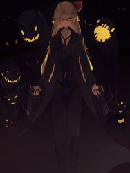 Rule 34 | black suit, blonde hair, cross, crossover, darkness, dual wielding, formal, gun, hair ribbon, highres, holding, inverted cross, long hair, monster, naufaldreamer, red ribbon, ribbon, rumia, shirt, suit, touhou, trait connection, weapon, white shirt, yellow eyes