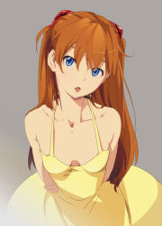 Rule 34 | 1girl, :p, blue eyes, breasts, cleavage, downblouse, dress, female focus, grey background, long hair, looking at viewer, mebae, neon genesis evangelion, open mouth, small breasts, solo, souryuu asuka langley, tongue, tongue out, yellow dress