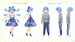 Rule 34 | 1girl, absurdres, alternate costume, barefoot, blouse, blue dress, blue eyes, blue hair, blue legwear, blue pants, bow, character sheet, cirno, dress, dual persona, grey shirt, hair bow, highres, koufukutei yumeko, loafers, long sleeves, looking at viewer, mary janes, multiple views, open mouth, pants, red neckwear, shirt, shoes, short sleeves, slouching, smile, socks, sweatpants, touhou, translation request, white footwear, white shirt