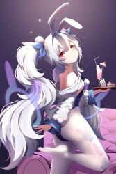 Rule 34 | 1girl, absurdres, animal ears, ass, azur lane, bare shoulders, blue leotard, breasts, chair, cup, drinking glass, expressionless, fake animal ears, feet, from behind, highres, jacket, laffey (azur lane), laffey ii (azur lane), leg up, legs, leotard, long hair, looking back, no shoes, off shoulder, on one knee, pantyhose, playboy bunny, rabbit ears, red eyes, small breasts, soles, solo, standing, standing on one leg, strapless, strapless leotard, thighs, toes, tray, twintails, very long hair, white hair, white jacket, white pantyhose, z-wumi