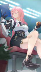 1girl absurdres armor black_footwear black_gloves black_skirt book ceiling crossed_legs dress eating food glasses gloves hair_between_eyes high-waist_skirt high_heels highres holding holding_book holding_food indoors long_hair parted_lips pencil_skirt pink_eyes pink_hair reading shirt shoulder_armor sidelocks sitting skirt solo tamagoyaki_muimui tsukishiro_yanagi white_shirt zenless_zone_zero