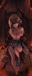 Rule 34 | 1girl, apopo, bare shoulders, barefoot, black gloves, black mask, blonde hair, blood, blood from mouth, blood on clothes, blue eyes, breasts, cleavage, cuts, dress, elbow gloves, feet, genshin impact, gloves, hand on own stomach, high heels, highres, injury, jewelry, lace-trimmed eyepatch, large breasts, long hair, looking at viewer, mask, navel, one eye covered, open mouth, shoes, signora (genshin impact), single shoe, solo, tears, toes