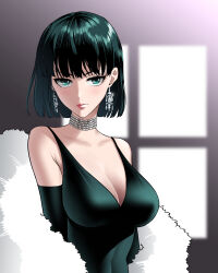 Rule 34 | 1girl, absurdres, black hair, blunt bangs, blunt ends, blush, breasts, dark green hair, dress, formal, fubuki (one-punch man), green eyes, green hair, highres, inpoya, jewelry, large breasts, looking at viewer, necklace, one-punch man, short hair, smile, white fur