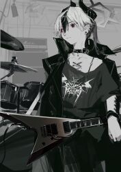 Rule 34 | 1girl, aamond, absurdres, black collar, black jacket, black shirt, blue archive, bra strap, closed mouth, collar, collarbone, corset piercing, drum, drum set, ear piercing, earrings, electric guitar, grey halo, guitar, hair between eyes, halo, highres, instrument, jacket, jewelry, kayoko (blue archive), medium hair, nose piercing, piercing, red eyes, shirt, single off shoulder, solo, upper body