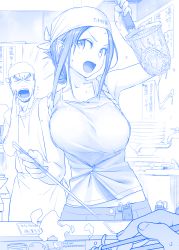 Rule 34 | &gt;:d, 1boy, 1girl, :d, apron, armpits, bare arms, bare shoulders, blue theme, blush, bouncing breasts, bowl, breasts, buttons, character request, chopsticks, clothes writing, collarbone, comic, commentary request, cowboy shot, fang, faucet, food, getsuyoubi no tawawa, hand up, head scarf, himura kiseki, indoors, large breasts, looking at viewer, monochrome, motion lines, noodle strainer, noodles, open mouth, original, paperclip, pov, ramen, screaming, scroll, short hair, sidelocks, silent comic, smile, speed lines, standing, steam, strainer, sweat, tebo, teeth, tenugui, thick eyebrows, unaligned breasts, v-shaped eyebrows