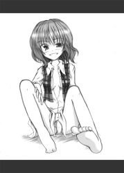 Rule 34 | 1girl, breasts, breasts apart, feet, female focus, foreshortening, greyscale, grin, kazami yuuka, letterboxed, miwa maku, monochrome, open clothes, open shirt, panties, plaid, plaid vest, shirt, sitting, small breasts, smile, solo, touhou, underwear, vest
