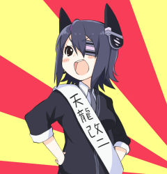 Rule 34 | 1girl, black eyes, blush, breasts, eyebrows, eyepatch, hands on own hips, headgear, k-on!, kantai collection, kurono nekomaru, multicolored background, name tag, necktie, open mouth, parody, purple hair, round teeth, short hair, smile, solo, teeth, tenryuu (kancolle), translation request