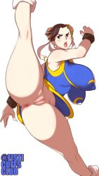 Rule 34 | 1girl, anus, black eyes, bottomless, breasts, brown hair, bun cover, capcom, censored, chun-li, cleft of venus, earrings, female focus, fisticuffs club, forehead, hair ornament, hair ribbon, jewelry, kicking, kneepits, mosaic censoring, no panties, open mouth, pussy, ribbon, short hair, simple background, solo, spread legs, standing, street fighter, thick thighs, thighs, twitter username, white background