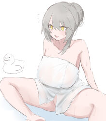 Rule 34 | 1girl, breasts, collarbone, fang, ff frbb122, girls&#039; frontline, grey hair, hair between eyes, highres, large breasts, naked towel, open mouth, simple background, sitting, solo, star-shaped pupils, star (symbol), symbol-shaped pupils, towel, ump40 (girls&#039; frontline), wet, wet towel, white background, yellow eyes