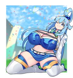 Rule 34 | 1girl, aqua (konosuba), bellupup, blue eyes, blue hair, blue skirt, blue sky, blurry, blurry background, boots, border, breasts, closed mouth, confetti, crop top, cropped jacket, day, full body, grass, high heel boots, high heels, highres, huge breasts, jacket, kneeling, kono subarashii sekai ni shukufuku wo!, long sleeves, looking at viewer, matching hair/eyes, midriff, miniskirt, one eye closed, outdoors, popped collar, race queen, skindentation, skirt, sky, smile, solo, spread legs, thigh boots, white border, white footwear, white jacket, wink