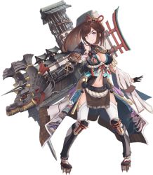Rule 34 | 1girl, arrow (projectile), artist request, black gloves, bowgun, breasts, brown hair, cleavage, full body, gloves, hiroshima (oshiro project), holding, holding weapon, large breasts, midriff, navel, official art, oshiro project:re, oshiro project:re, ponytail, purple eyes, quiver, shachihoko, solo, thick eyebrows, thighhighs, torii, transparent background, weapon, white thighhighs