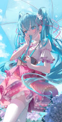 Rule 34 | 1girl, absurdres, blue eyes, blue hair, blue sky, blush, bow, cloud, cloudy sky, covered mouth, crossed bangs, day, dress, ear blush, flower, flower hairtie, frills, grabbing own hair, hair between eyes, hair flower, hair ornament, hair ribbon, hatsune miku, highres, holding, holding umbrella, hya ro, hydrangea, jewelry, lace trim, layered dress, light rays, looking down, melt (vocaloid), necklace, outdoors, pink bow, pink dress, pink ribbon, puffy sleeves, ribbon, see-through, short sleeves, sidelocks, single hair intake, sky, solo, thighhighs, twintails, umbrella, vocaloid, water drop, white flower, white thighhighs, white umbrella