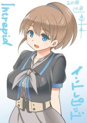 Rule 34 | 1girl, arms behind back, belt, black shirt, blue eyes, brown hair, character name, cowboy shot, dated, gradient background, grey neckerchief, intrepid (kancolle), kantai collection, neckerchief, open mouth, ponytail, shirt, short hair, skirt, smile, solo, tadano myoushi, white background, white skirt