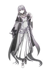 Rule 34 | 1girl, absurdly long hair, absurdres, cape, cloak, commission, commissioner upload, dress, expressionless, fire emblem, fire emblem: the binding blade, fire emblem cipher, highres, jewelry, long hair, long sleeves, monochrome, nintendo, simple background, solo, solry, sophia (fire emblem), very long hair