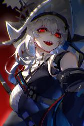 Rule 34 | 1girl, :d, absurdres, arknights, bare shoulders, black dress, breasts, commentary request, dress, hair between eyes, highres, layered dress, long hair, long sleeves, looking at viewer, medium breasts, molin, open mouth, red background, red eyes, sharp teeth, smile, solo, specter (arknights), specter the unchained (arknights), teeth, upper body, upper teeth only, very long hair, white dress