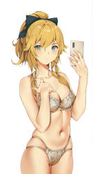 Rule 34 | 1girl, blonde hair, blue eyes, blush, bow, bra, breasts, cellphone, cleavage, cowboy shot, genshin impact, grayfox, hair bow, half-closed eyes, hand on own chest, highres, jean (genshin impact), looking at viewer, navel, panties, phone, ponytail, selfie, simple background, solo, underwear, white background, white bra, white panties