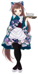 Rule 34 | 1girl, :d, apron, black thighhighs, blush, bowl, brown hair, clog sandals, crossed ankles, floral print, food, frilled apron, frills, full body, hair ribbon, hand to own mouth, highres, holding, holding tray, japanese clothes, kimono, legs, long hair, long sleeves, looking at viewer, maid, mikazukimo, obi, okobo, open mouth, original, purple eyes, ribbon, ribbon-trimmed legwear, ribbon trim, sandals, sash, simple background, smile, solo, standing, tail, thighhighs, tray, upskirt, very long hair, wa maid, waitress, white background, wide sleeves, zettai ryouiki