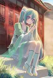 Rule 34 | 1girl, aqua hair, architecture, bad id, bad pixiv id, blue eyes, dress, east asian architecture, food, full body, hair between eyes, hatsune miku, highres, long hair, outdoors, rice, sitting, socks, solo, stairs, twintails, very long hair, vocaloid, wusebuhui, zongzi