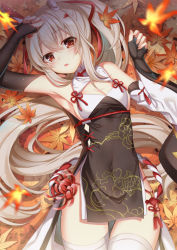 Rule 34 | 1girl, armpits, autumn leaves, ayanami (azur lane), ayanami (lunar demon) (azur lane), ayanami (lunar demon) (azur lane), azur lane, black gloves, blurry, breasts, cleavage, commentary request, depth of field, elbow gloves, eyes visible through hair, fingerless gloves, flower, gloves, headgear, highres, hydrangea, leaf, long hair, looking at viewer, lying, maple leaf, medium breasts, official alternate costume, orange eyes, parted lips, ponytail, retrofit (azur lane), sidelocks, silver hair, solo, sugisaki yuu, thighhighs, white thighhighs