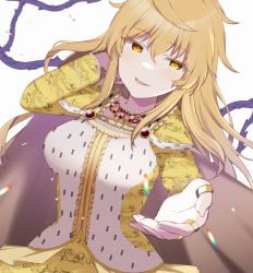 Rule 34 | 1girl, adjusting hair, ahoge, blonde hair, breasts, cape, colored eyelashes, commission, cowlick, dress, fujishiro emyu, gem, highres, isabeau de baviere (madoka magica), jewelry, large breasts, licking lips, long dress, long hair, long sleeves, magia record: mahou shoujo madoka magica gaiden, mahou shoujo madoka magica, mahou shoujo tart magica, messy hair, necklace, plant, queen, reaching, reaching towards viewer, ring, ringed eyes, royal robe, skeb commission, smile, solo, tongue, tongue out, vines, wavy hair, white background, yellow dress, yellow eyes