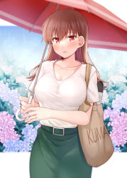 Rule 34 | 1girl, blue flower, breasts, brown eyes, brown hair, flower, green skirt, holding, holding umbrella, hydrangea, kantai collection, large breasts, long hair, ooi (kancolle), outdoors, purple flower, rain, red umbrella, rui shi (rayze ray), shirt, short sleeves, skirt, solo, umbrella, white shirt