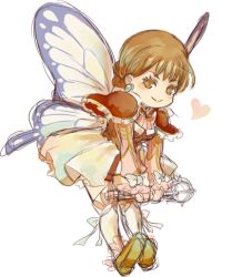 Rule 34 | 1girl, baten kaitos, breasts, brown eyes, brown hair, butterfly wings, dress, earrings, fairy, female focus, heart, insect wings, jewelry, lowres, matching hair/eyes, milly, short hair, simple background, solo, white background, wings