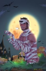 Rule 34 | 1boy, absurdres, alternate costume, avenger (dungeon and fighter), bandage over one eye, bandages, bara, beard, blush, castle, dark-skinned male, dark skin, dungeon and fighter, facial hair, feet out of frame, full moon, halloween, halloween costume, highres, icelernd, jack-o&#039;-lantern, looking at viewer, male focus, male priest (dungeon and fighter), mature male, moon, muscular, muscular male, naked bandage, outstretched arms, pectoral cleavage, pectorals, priest (dungeon and fighter), revealing clothes, short hair, solo, textless version, thighs, zombie pose