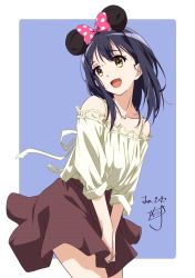 Rule 34 | 1girl, animal ears, blue hair, bow, brown skirt, collarbone, dated, frills, head tilt, highres, looking to the side, medium hair, mickey mouse ears, nii manabu, open mouth, original, outside border, polka dot, polka dot bow, signature, simple background, skirt, smile, solo, strapless, yellow eyes