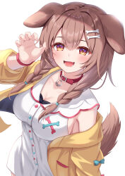 Rule 34 | 1girl, absurdres, animal ears, breasts, brown eyes, brown hair, cleavage, dog ears, highres, hololive, inugami korone, looking at viewer, open clothes, open mouth, shirt, simple background, smile, solo, togemaru34, virtual youtuber, white shirt